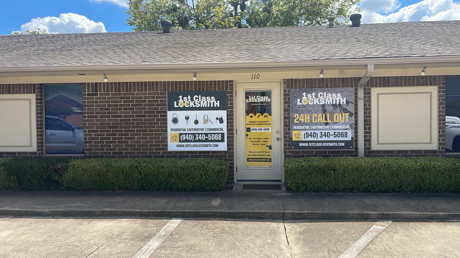 Angled view of 1st Class Locksmith Denton storefront, showing location and services, including key replacements, lock installations, and security solutions.