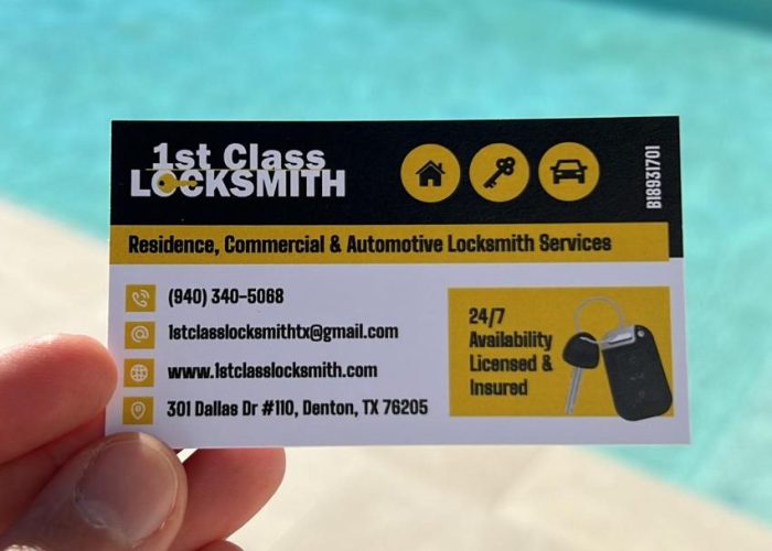 1st_Class_Locksmith_Denton_Texas-Business-Card 1st Class Locksmith business card displaying company name, store address, phone number, and email for locksmith services in Denton, TX.